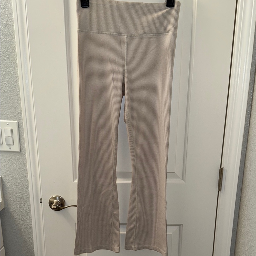 Beige Ribbed Flare Leggings by Calvin Klein